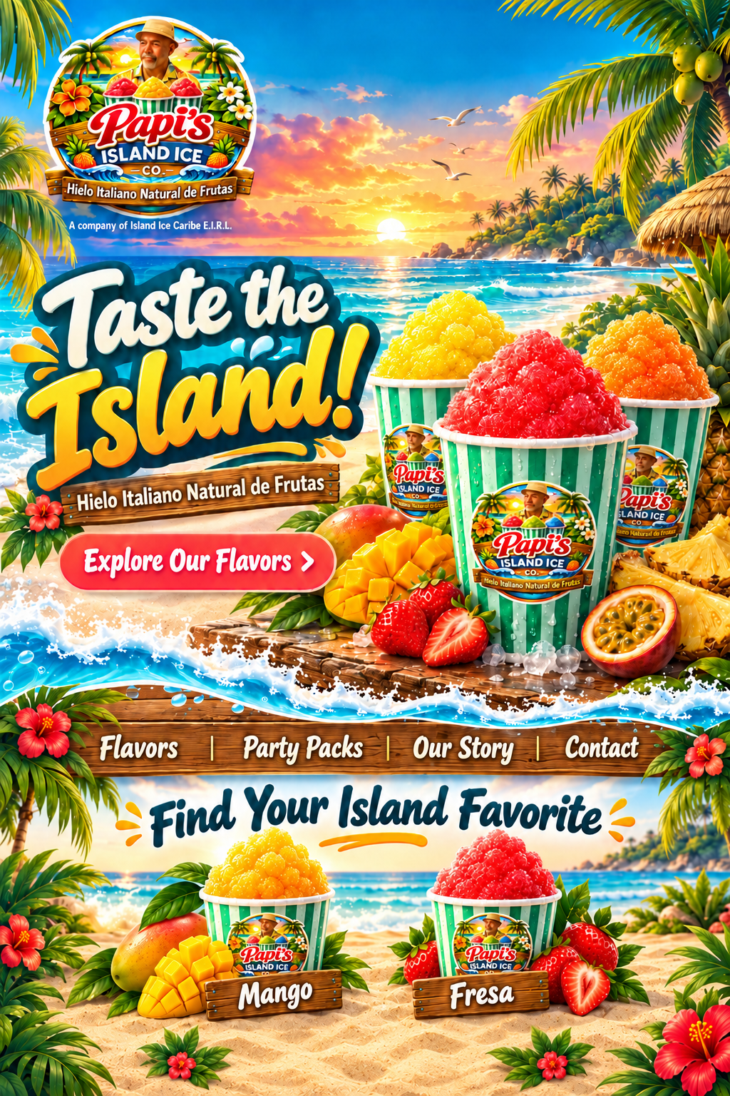 Papi’s tropical homepage: sunset beach, palms, red and golden fruit water ice, splash divider, wood navigation, Mango and Fresa. A company of Island Ice Caribe E.I.R.L.
